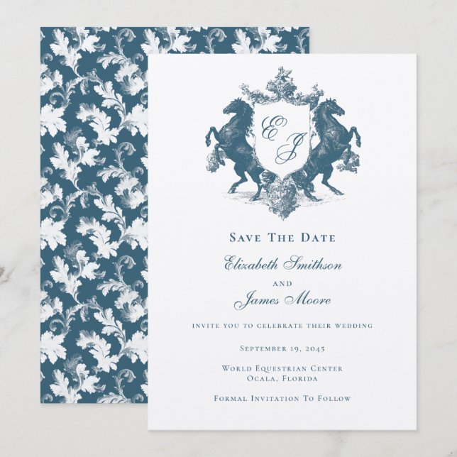Equestrian Monogram Horses Crest Teal Blue Wedding Save The Date (Front/Back)