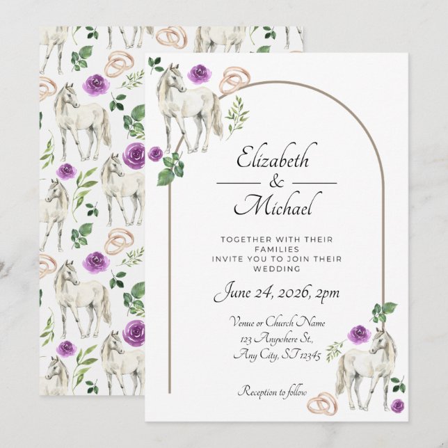 Equestrian Purple Floral Rustic Wedding Invitation (Front/Back)