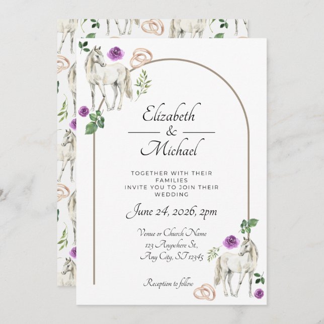 Equestrian Purple Floral Wedding Invitation  (Front/Back)