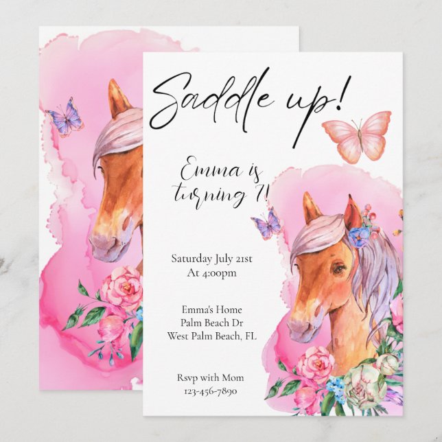 Equestrian Watercolor Horse Minimal Floral Invitation (Front/Back)