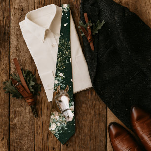 Equestrian Wedding White Rose & Horse Hunter Green Tie