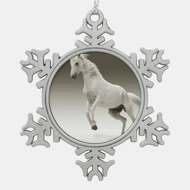 Equestrian White Mare Horse Snowflake Pewter Christmas Ornament (Front)