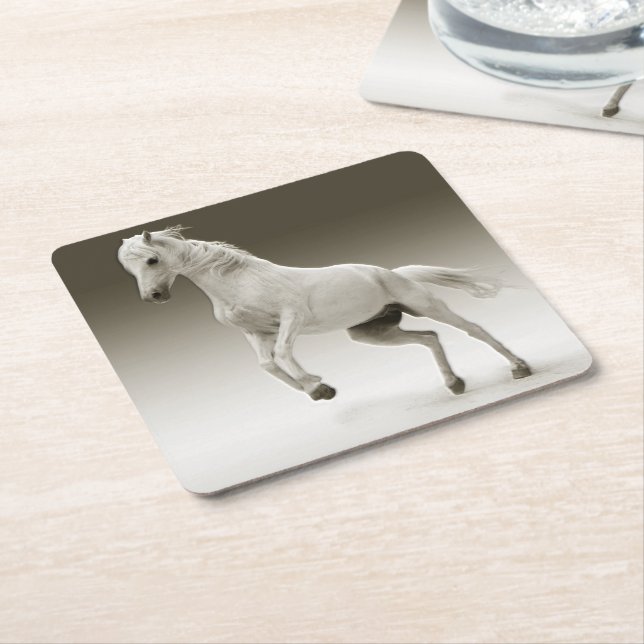 Equestrian White Mare Horse Square Paper Coaster (Angled)