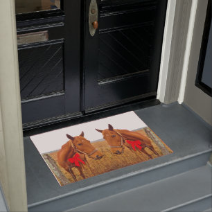 Equine Christmas, Brown Horse with red bow Doormat