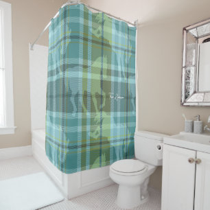 Equine Personalised teal blue preppy plaid Shower Curtain