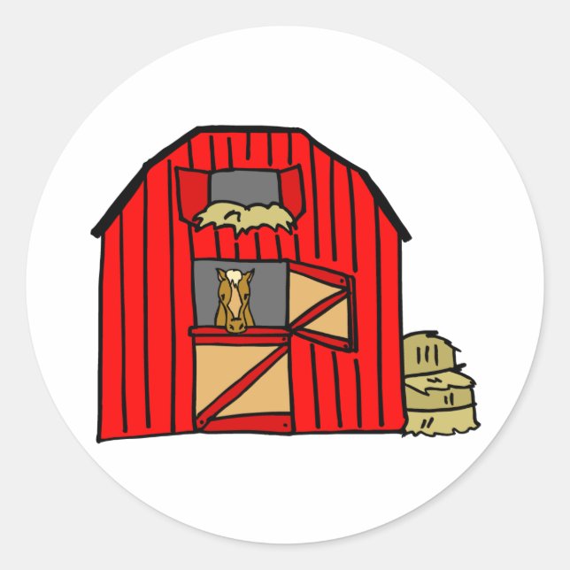 Equine Stall Red Barn Farm Scene Classic Round Sticker (Front)