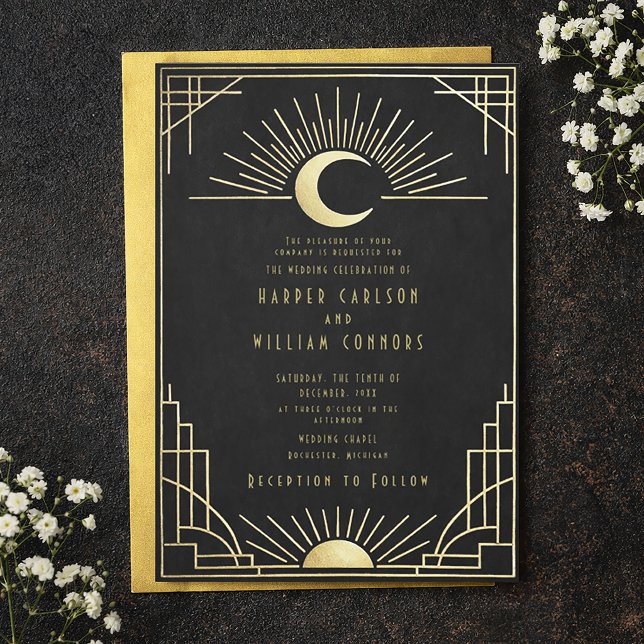 Equinox Art Deco celestial wedding Invitation (Gold and black art deco celestial wedding invitation, featuring a sun and moon.)