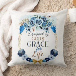 Equipped by God's Grace Blue Gold Floral Wreath Cushion