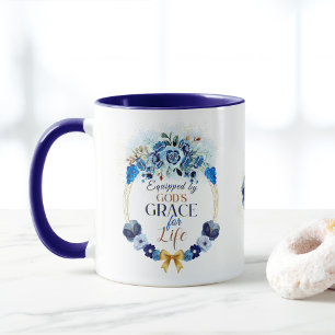 Equipped by God's Grace Elegant Blue Floral Wreath Mug