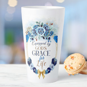 Equipped by God's Grace Elegant Blue Gold Floral  Latte Mug
