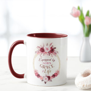 Equipped by God's Grace Monogram Pink Gold Floral Mug