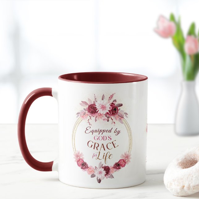 Equipped by God's Grace Monogram Pink Gold Floral  Mug (Creator Uploaded)