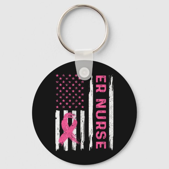 ER Nurse American Flag Nurse Breast Cancer Awarene Key Ring (Front)