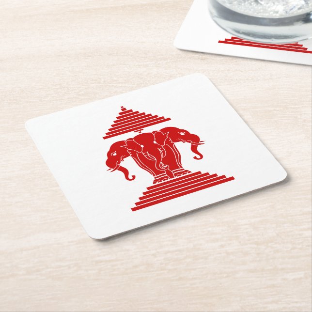 Erawan Three Headed Elephant Lao / Laos Flag Square Paper Coaster (Angled)