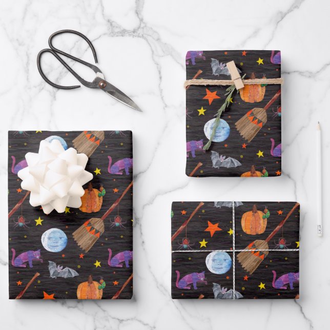 Eric Carle | Caterpillar Black Halloween Pattern Wrapping Paper Sheet (Front)