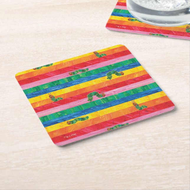 Eric Carle | Caterpillar Rainbow Stripe Pattern Square Paper Coaster (Angled)