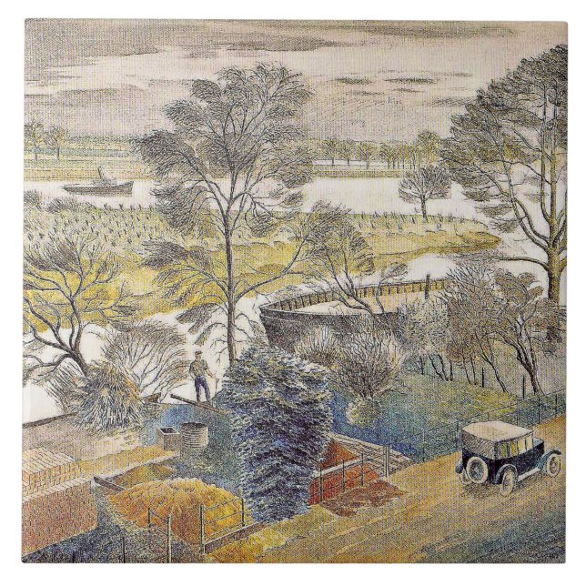 Eric Ravilious art, River Thames, Chiswick Eyot Ceramic Tile (Front)
