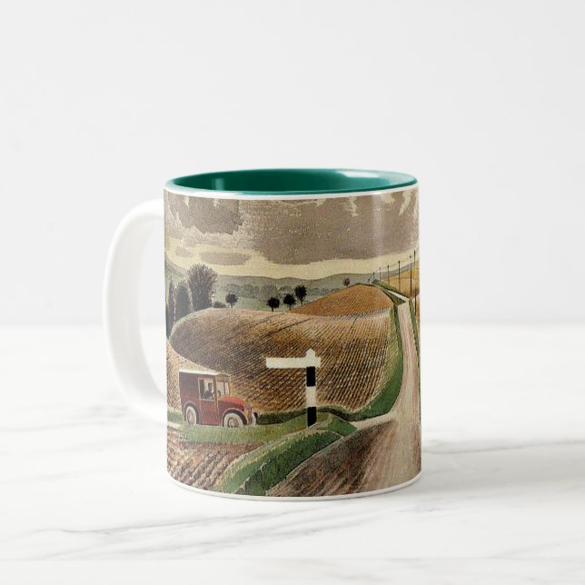 Eric Ravilious art, Wiltshire Landscape, Two-Tone Coffee Mug (Front Left)
