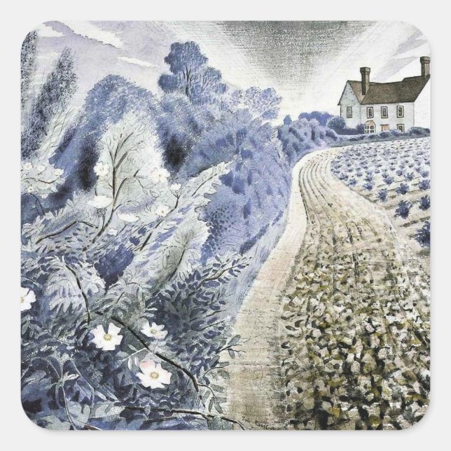 Eric Ravilious - Farmhouse and Field Square Sticker (Front)