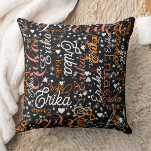 Erika Custom Name, Cute Hearts and Stars Black Cushion
