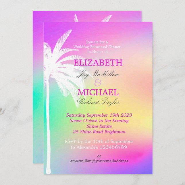 Erin Palm Tree White Colourful Modern  Invitation (Front/Back)