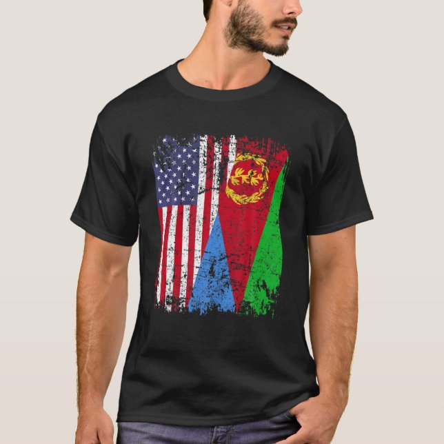 ERITREAN ROOTS Half American Flag USA ERITREA FLAG T-Shirt (Front)