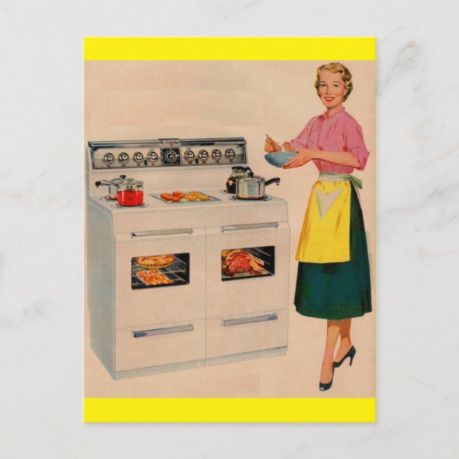 Erma and her double-barrelled oven postcard (Front)