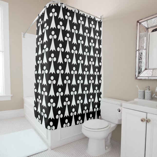 Ermine Pattern, Mediaeval Pattern, White on Black Shower Curtain (In Situ)