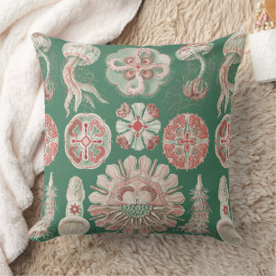 Ernst Haeckel Sea Life Pink Jellyfish Green Poster Cushion