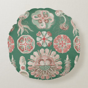 Ernst Haeckel Sea Life Pink Jellyfish Green Poster Round Cushion