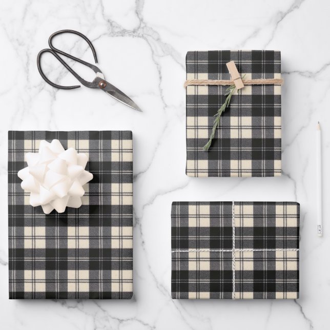 Erskine Black and White Modern Scottish Tartan Wrapping Paper Sheet (Front)