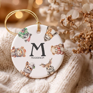 ersonalized Monogram Winter Animals Christmas Ceramic Ornament