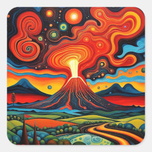 Erupting volcano at night 7 square sticker