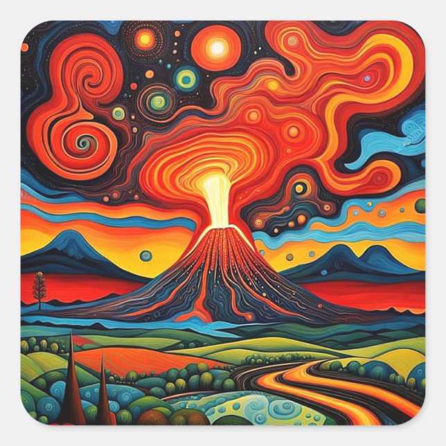 Erupting volcano at night 7 square sticker (Front)