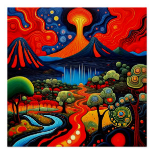 Erupting volcano at night 8 poster