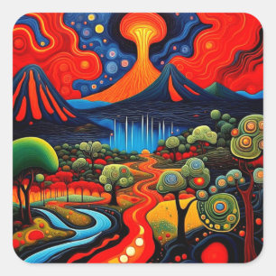 Erupting volcano at night 8 square sticker