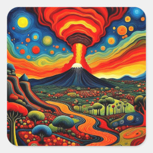 Erupting volcano at night 9 square sticker