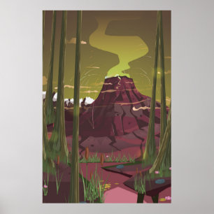Erupting Volcano in the Swamp Cartoon Poster