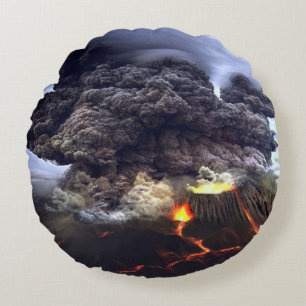 Erupting Volcano on Mountain Round Cushion