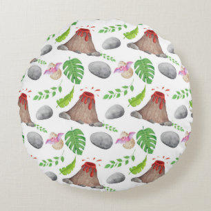 Erupting Volcanoes & Tropical Foliage Pattern Round Cushion