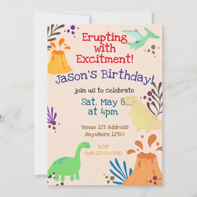 Erupting with Excitement Dinosaur Volcano Birthday Invitation (Front)