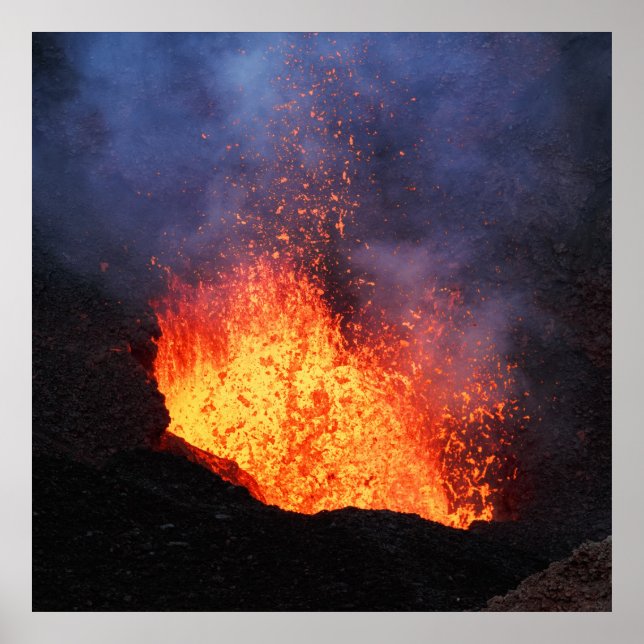 Eruption active volcano - hot lava flow in crater poster (Front)