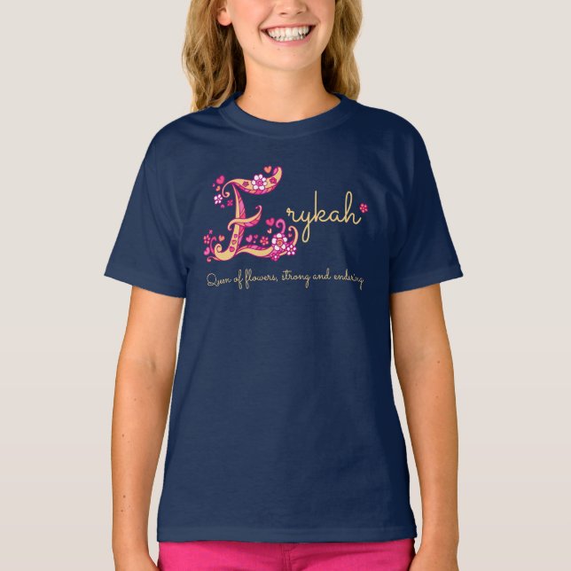 Erykah girls name meaning E monogram hearts T-Shirt (Front)