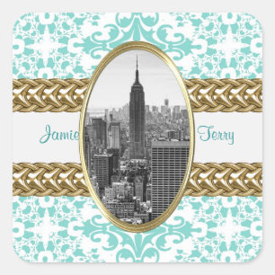 ESB 01 Lt Blue Damask Gold Chain Square Sticker