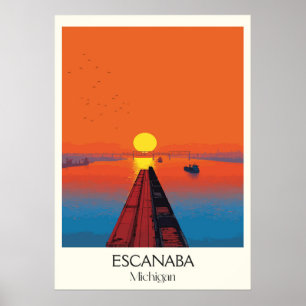 Escanaba Michigan Vintage Lake Huron Sunset Art Poster