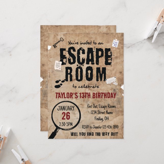 Escape Room Clues Birthday Party, Any Age Invitation (Front/Back In Situ)