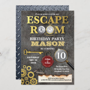 Escape room mystery solving challenge birthday invitation