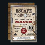 Escape room mystery solving challenge birthday invitation<br><div class="desc">[all text except "Escape Room" are editable] Rustic, Vintage, Chic and Fun Party invitation. Occasion: Birthday party for boy, girl, adult. Theme: escape room, mystery solving challenge, detective party Season: all season. Style: Rustic, vintage. Colours: black, gold, red, grey, metallic Graphics: rustic wood background, pocket watch, lock, vintage key, wax...</div>