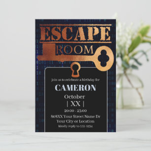 Escape Room Party Lock and Key Binary Code Black Invitation