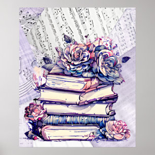 Escape Stack of Old Vintage Books with Roses   Poster